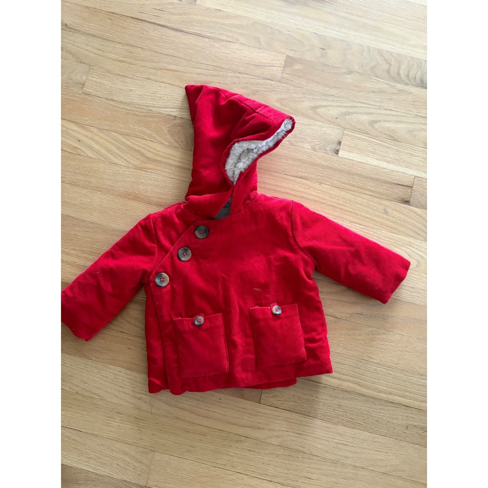 Hanna Andersson Red Corduroy Hooded Jacket Asymmetrical Button 3-6 Months
